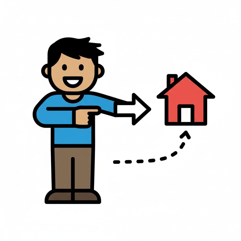 An illustration of a person pointing with an arrow towards a red house, representing going home.