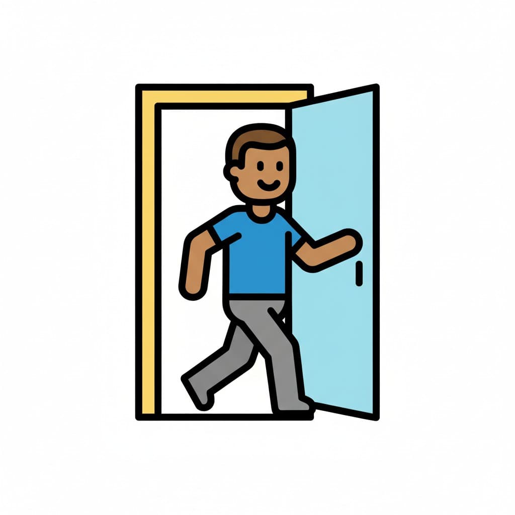 A cartoon boy walks through an open door, facing right with a happy expression.