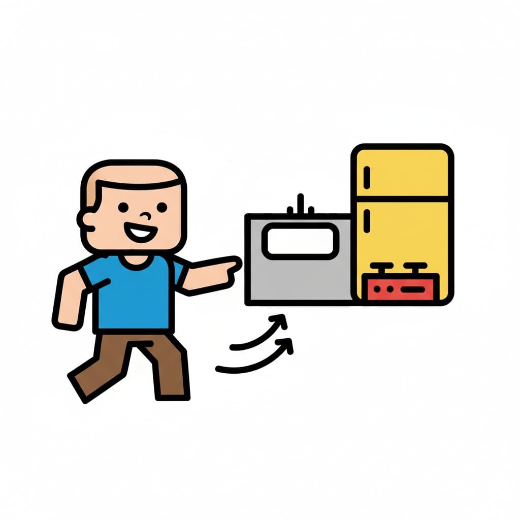 An illustration of a person walking towards a kitchen sink and a refrigerator, with arrows showing movement.