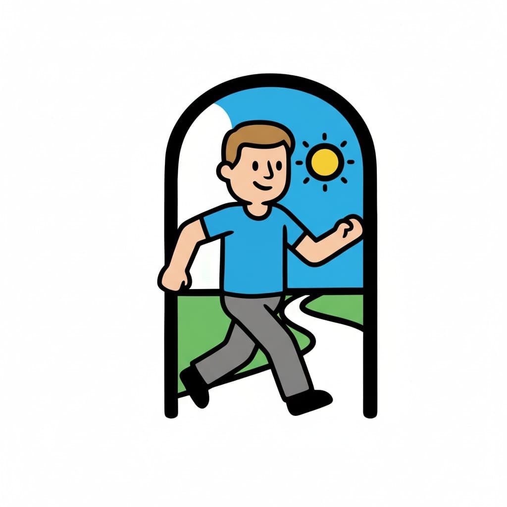 A boy walking out of a doorway into an outdoor scene with a path and sun.