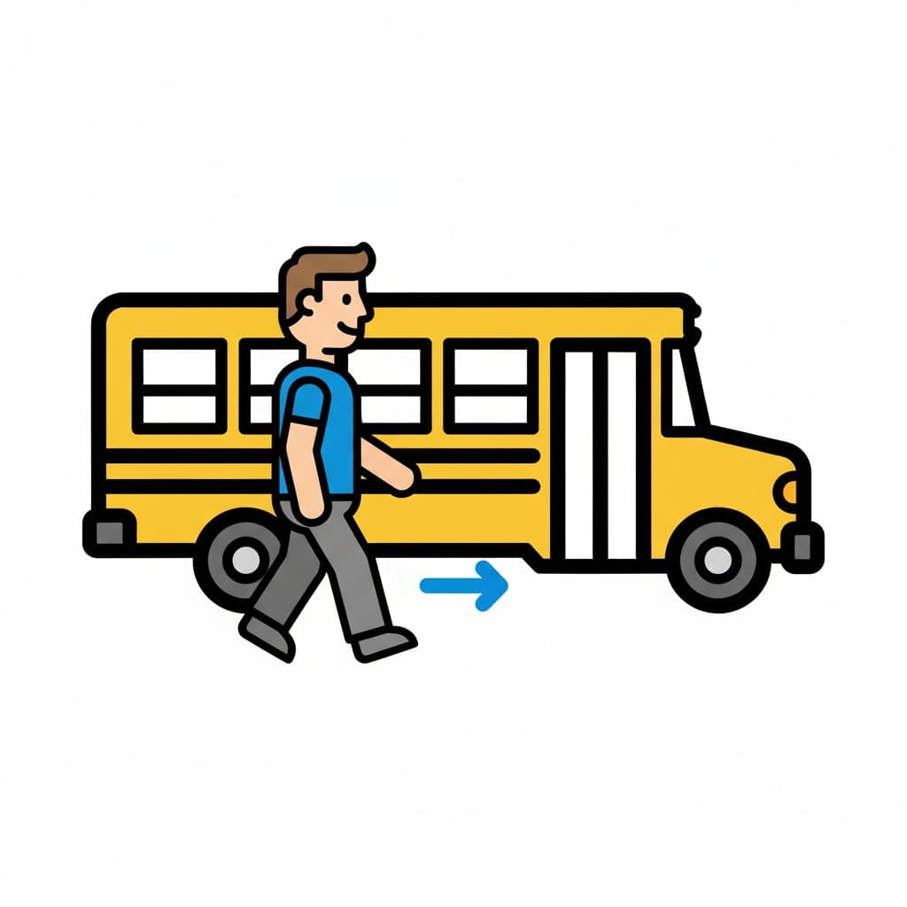 En pojke går mot en gul buss, med en blå pil som visar riktning mot bussen.