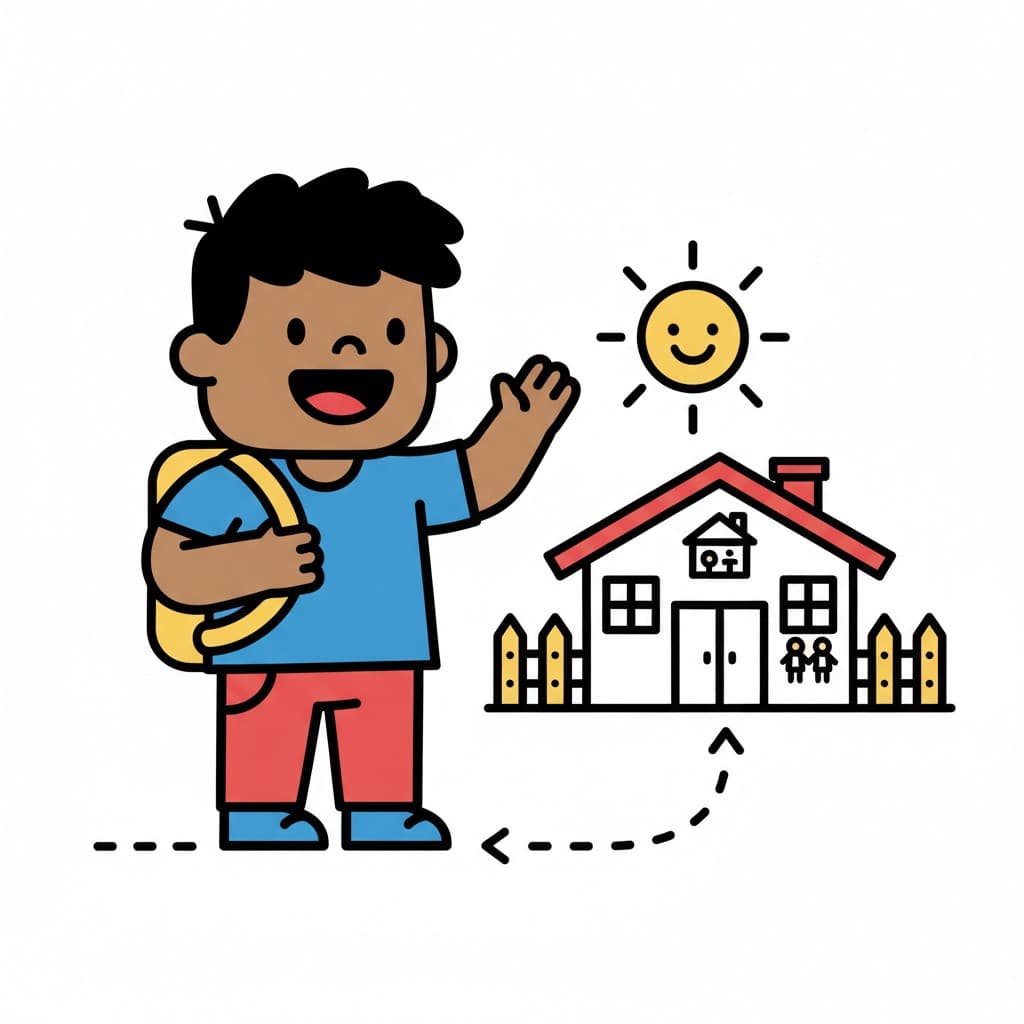 Ein fröhlicher Junge mit Rucksack winkt und geht von einem Haus weg, während die Sonne scheint.