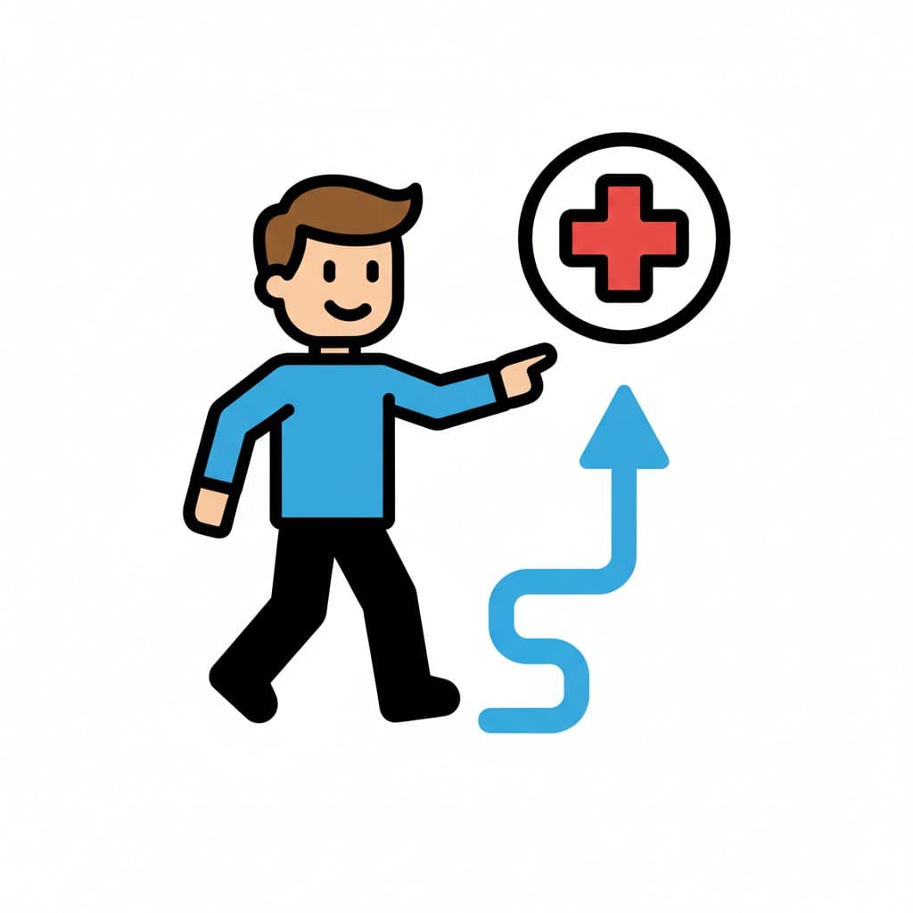 En pojke pekar mot en symbol för ett medicinskt kors med en väg som leder dit, vilket indikerar att gå till läkaren.