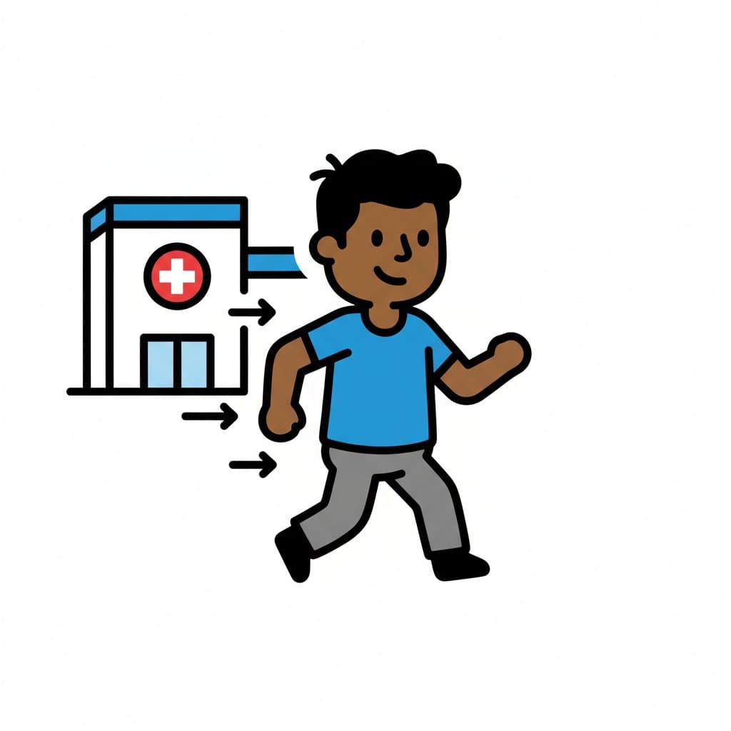 En tegnet illustration af en dreng, der går mod et hospital, med pile der indikerer bevægelse.