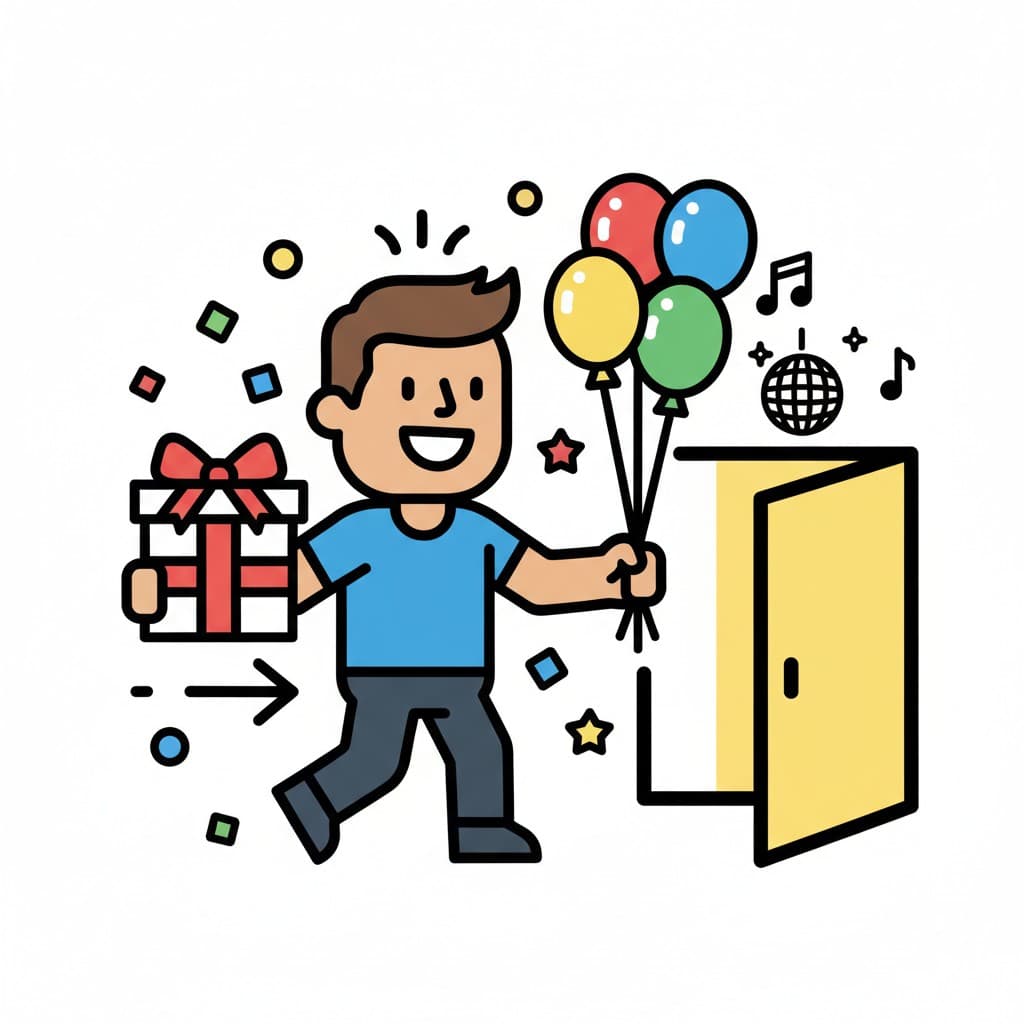 A person carries a gift and balloons as they enter a doorway to a party with confetti and a disco ball.