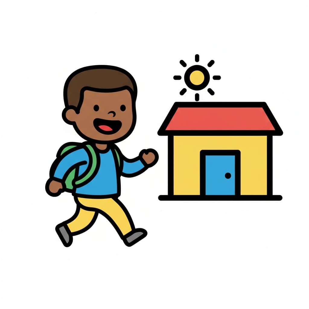 A happy boy with a backpack walks towards a house under the sun, symbolizing going to preschool.