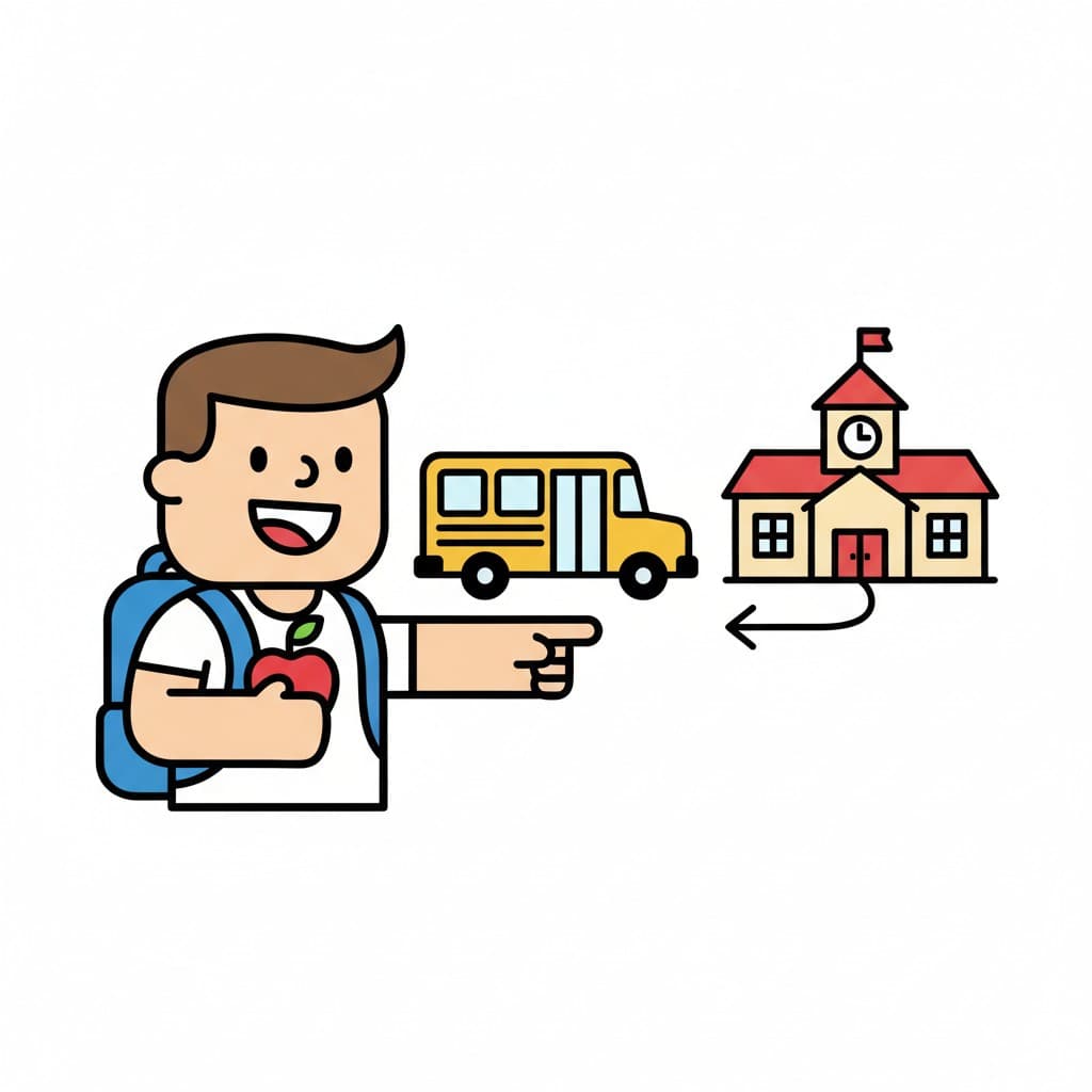 A cartoon boy with a backpack and an apple points towards a school bus and a school building, with an arrow indicating movement towards the school.