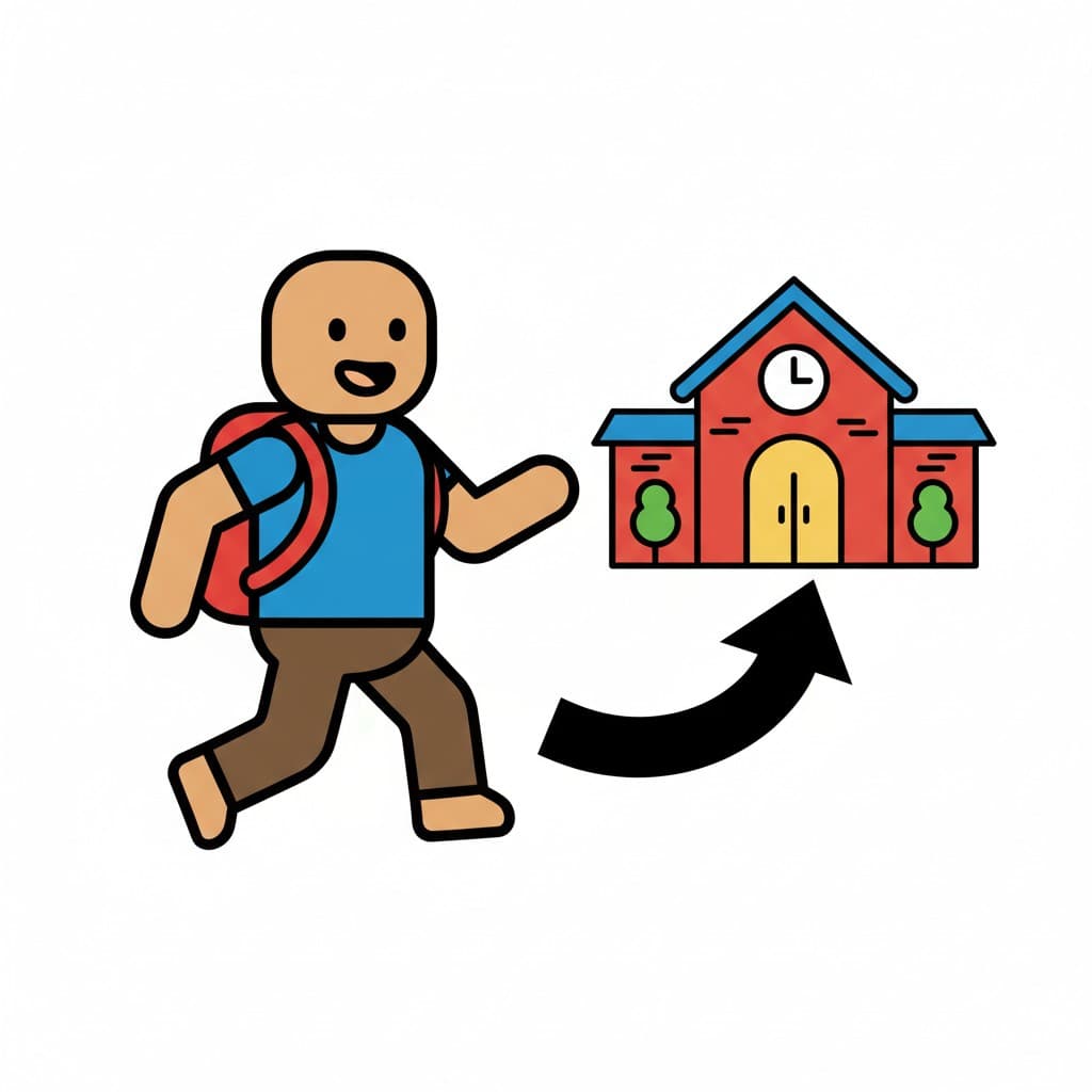 A boy with a backpack walks towards a school building, with a curved arrow indicating movement.