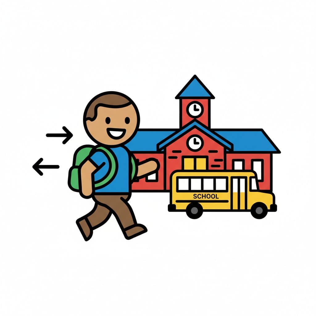 A boy with a backpack walking towards a school building with a school bus and directional arrows.
