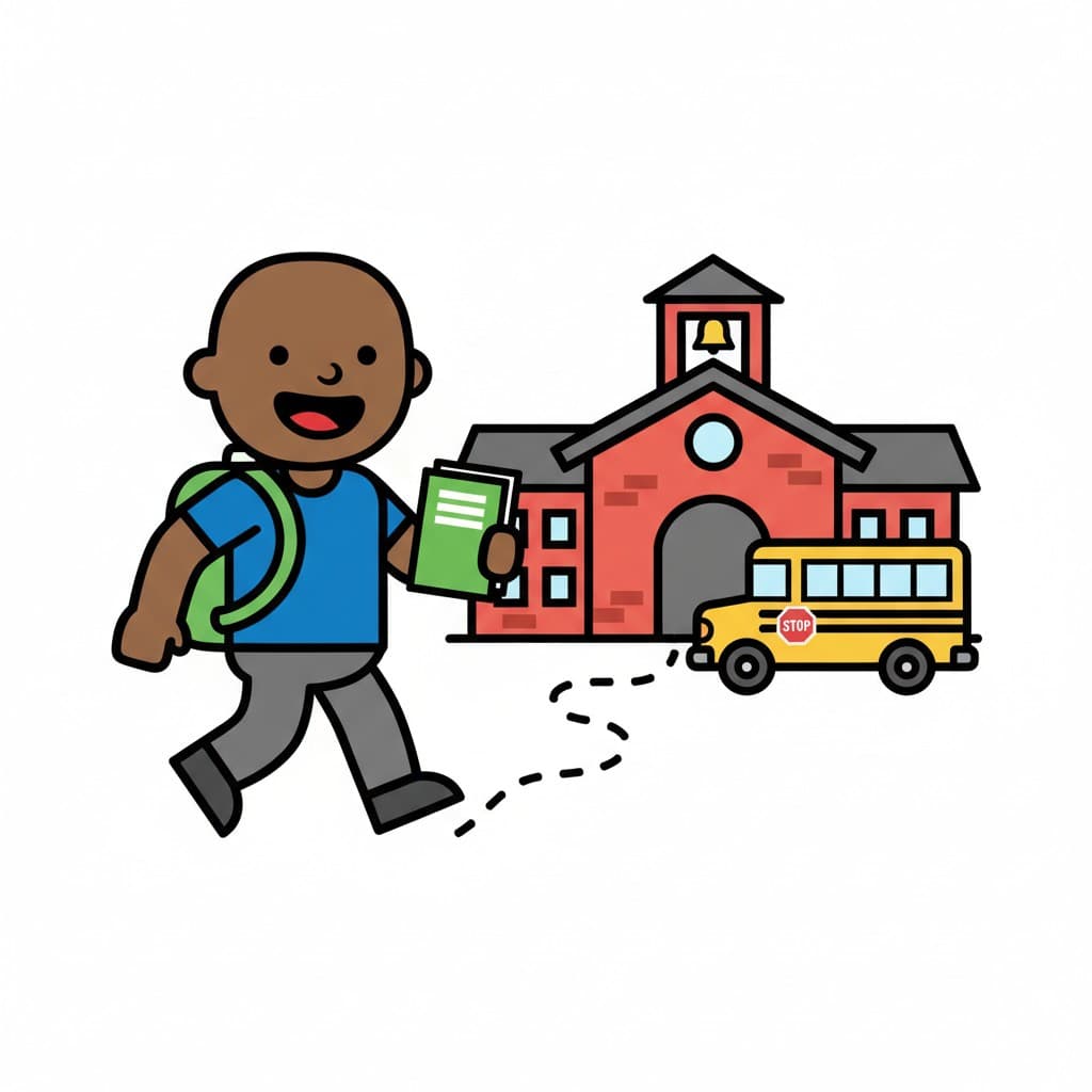 En pojke med en grön ryggsäck och en bok går mot en skolbyggnad och en gul skolbuss.