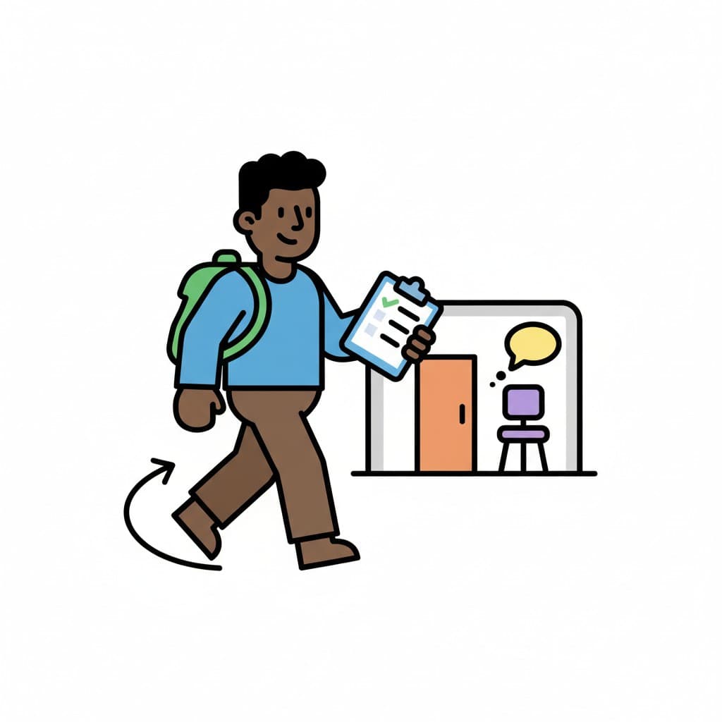 En gutt med ryggsekk går mot en dør, holder et notatbrett med en sjekkliste. En taleboble og en stol er synlig ved siden av døren.