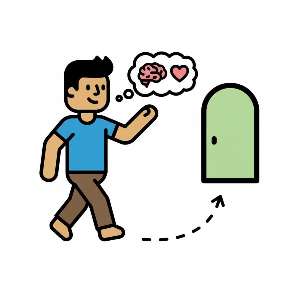 En gutt går mot en grønn dør. En tankeboble over hodet hans inneholder et hjerne- og hjerteikon.