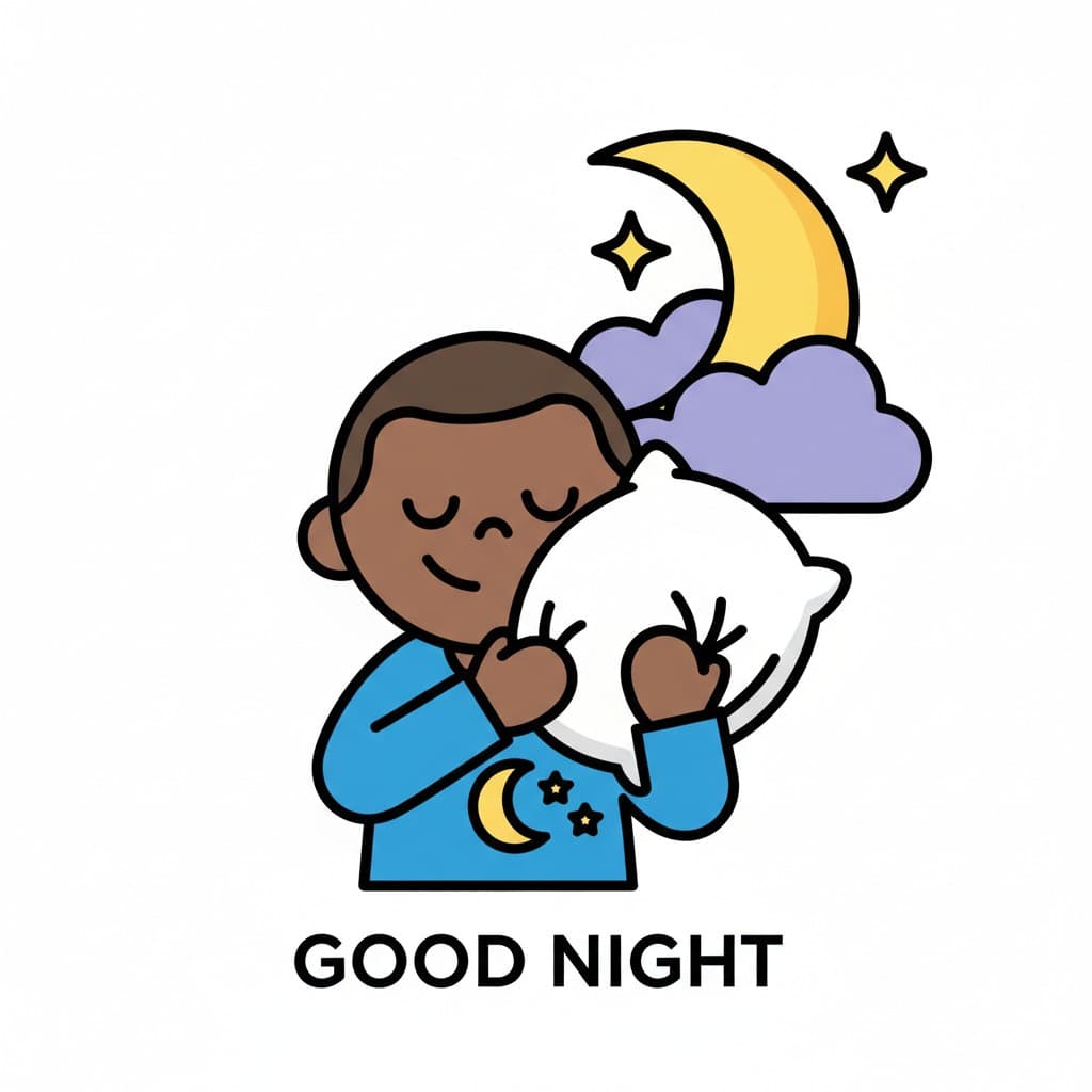 A child with closed eyes holding a pillow, with the moon and stars in the background.