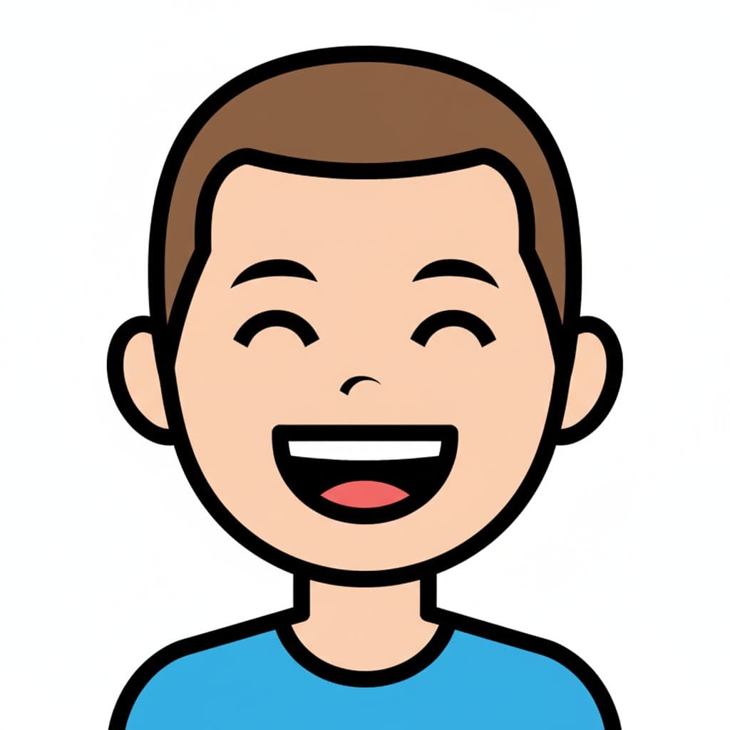 En illustration av en pojke med ett brett, öppet leende och slutna ögon, som uttrycker glädje.