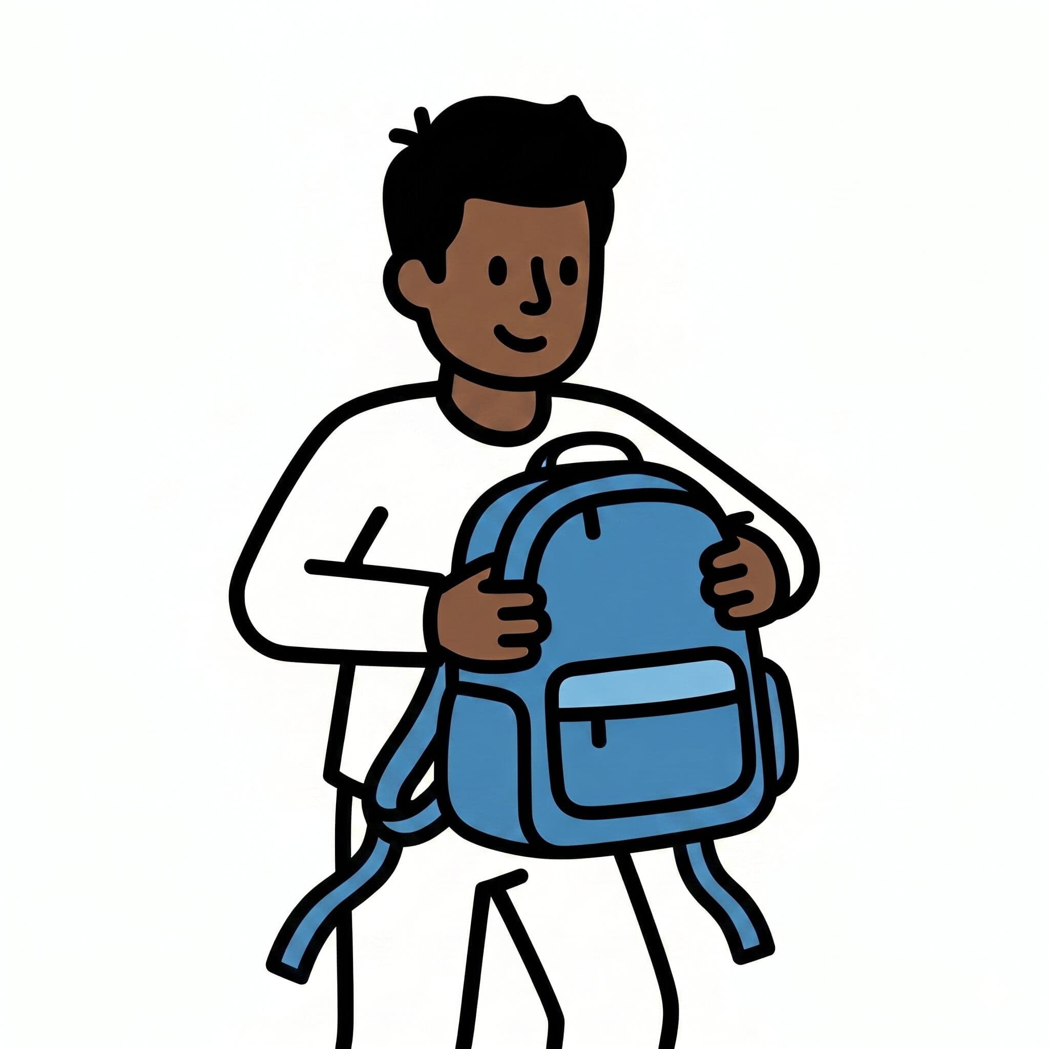 A boy holds a blue backpack ready to bring along.