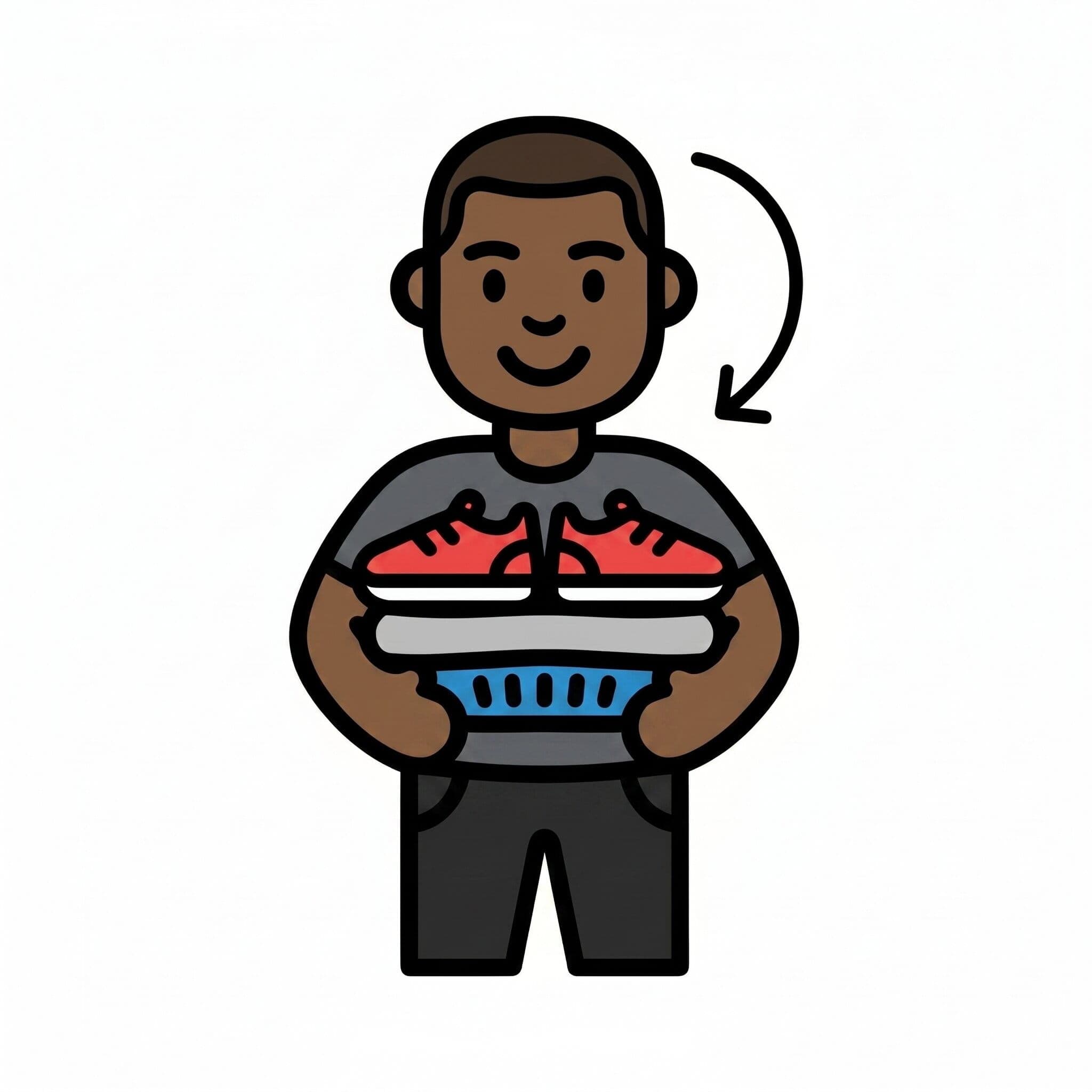 A smiling boy holds a stack of clothes and a pair of red gym shoes, with an arrow indicating he is bringing them.