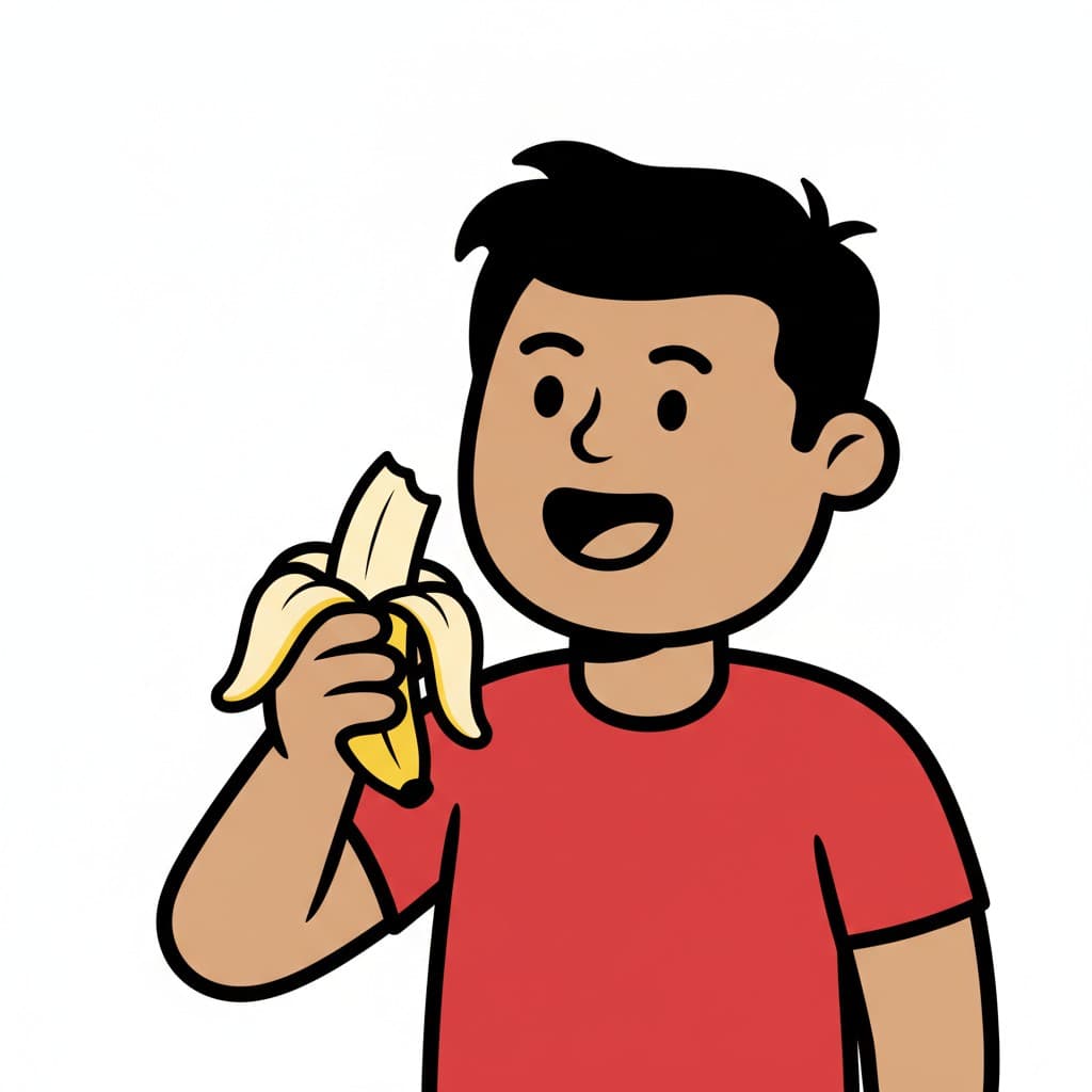 En gutt i rød genser holder opp en banan han allerede har tatt en bit av.