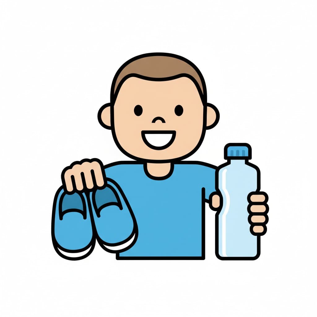 En leende pojke håller upp ett par blå inneskor i ena handen och en transparent vattenflaska i den andra.