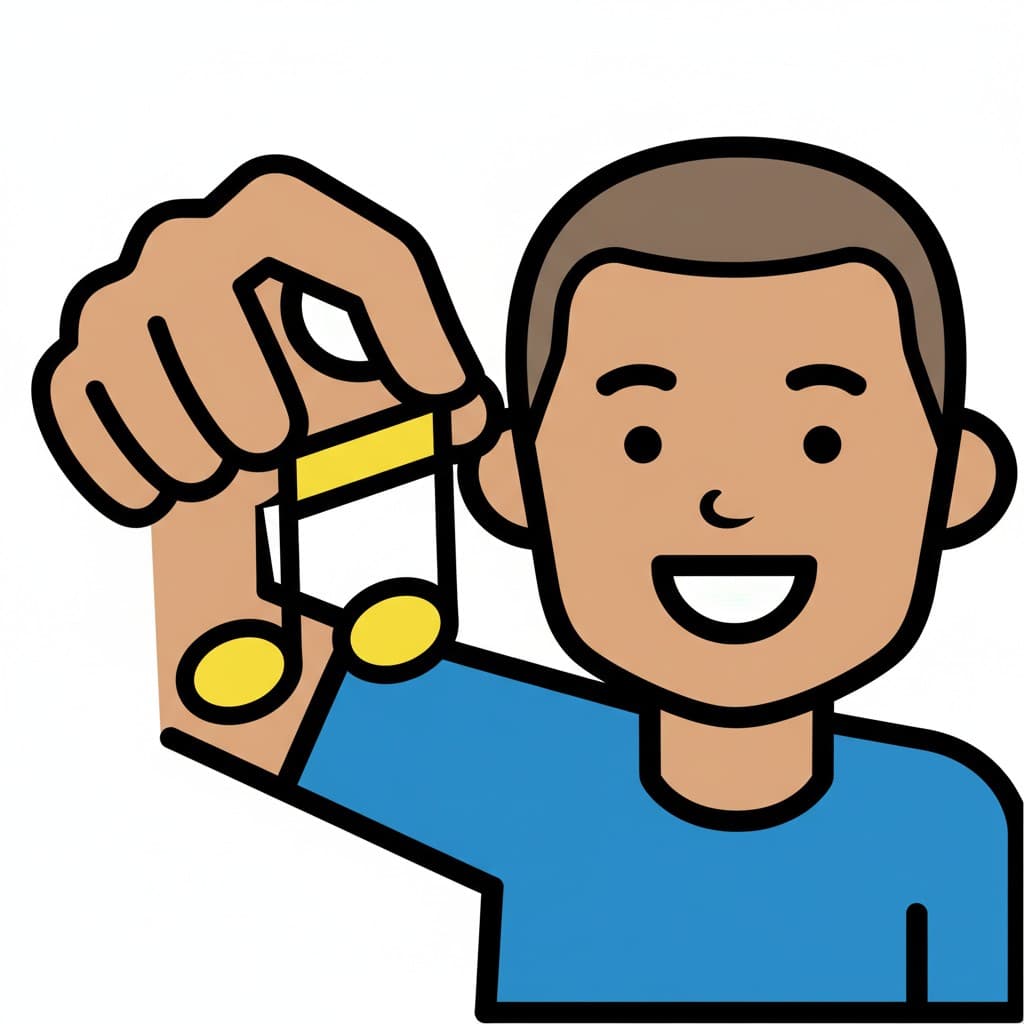 A person holds up a yellow and white musical note.