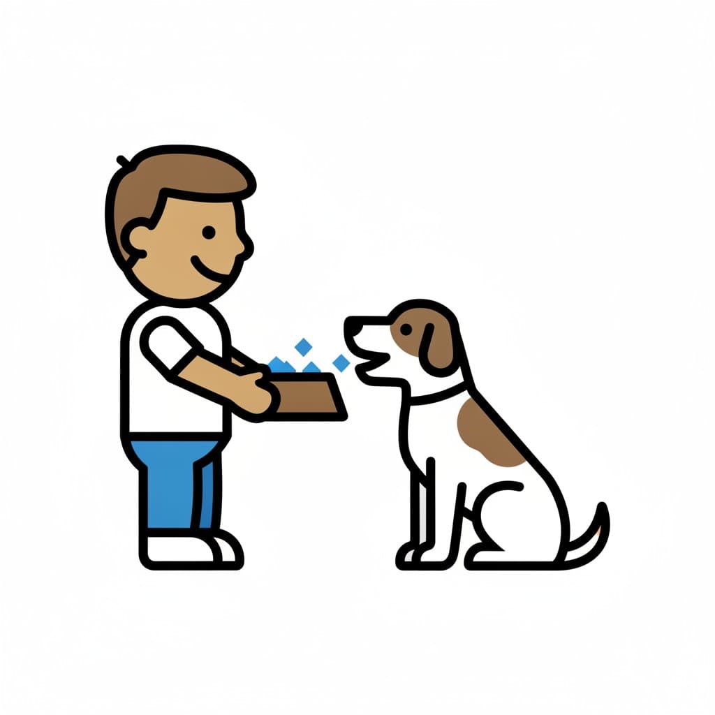 Ein Junge im weißen T-Shirt hält einem Hund, der ruhig vor ihm sitzt, einen Napf mit Hundefutter hin.