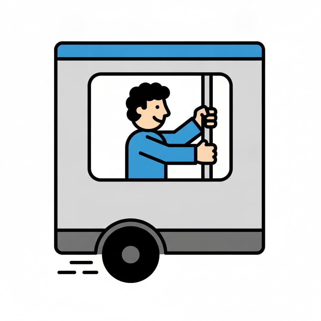 A boy stands in a train holding a pole seen through the window.