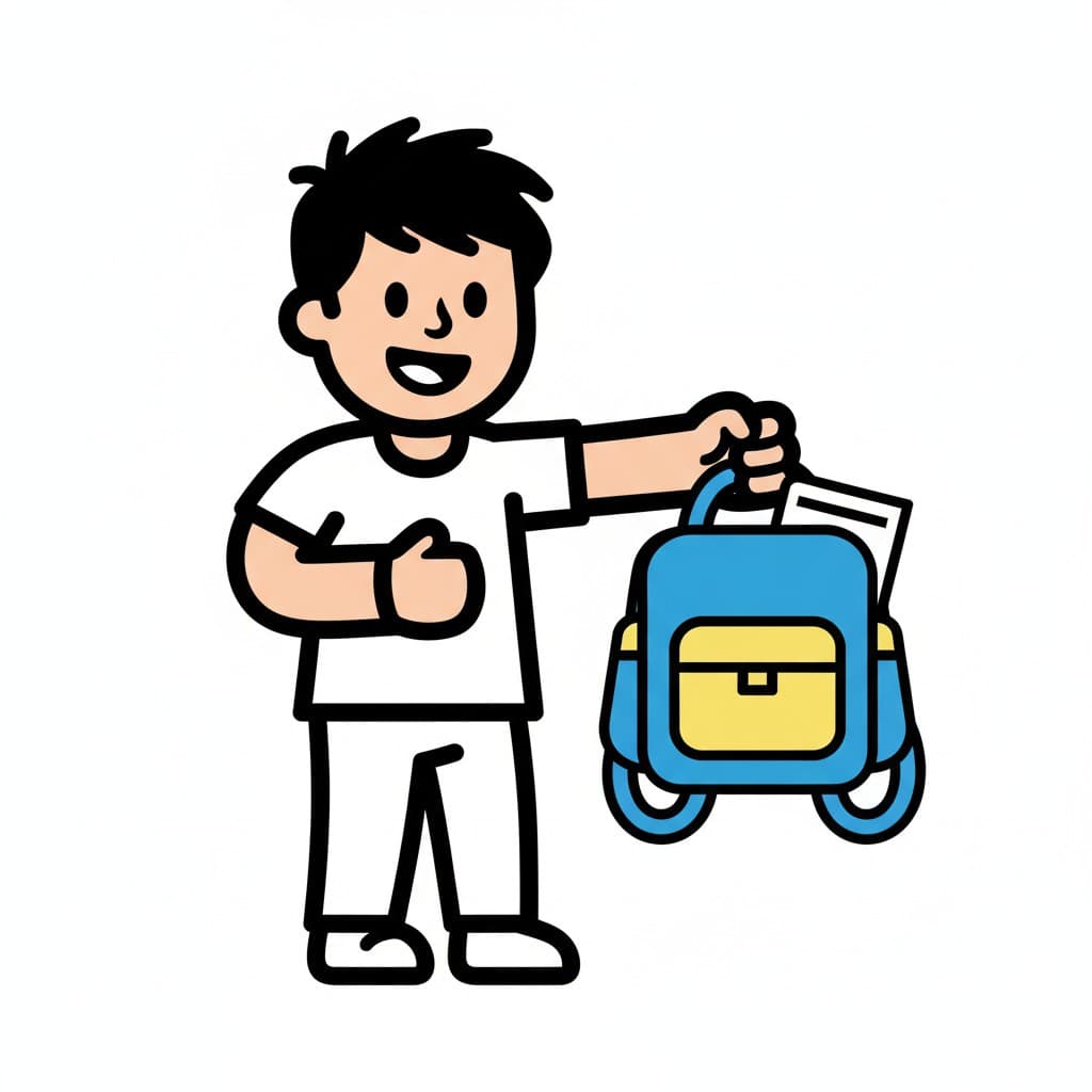 Illustration of a boy holding a blue and yellow school bag.