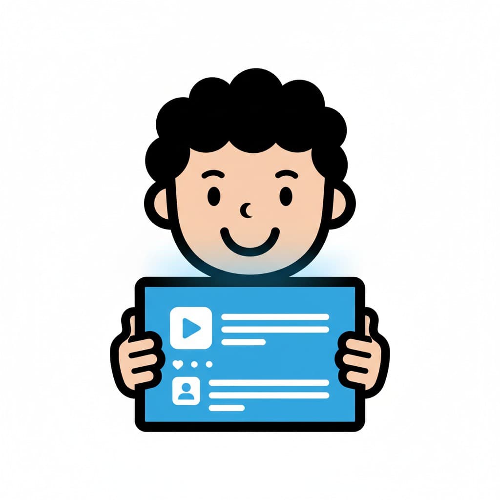 Illustration af en glad dreng, der holder en tablet, der viser en video-feed med en afspilningsknap, et hjerte-ikon og et profil-ikon.