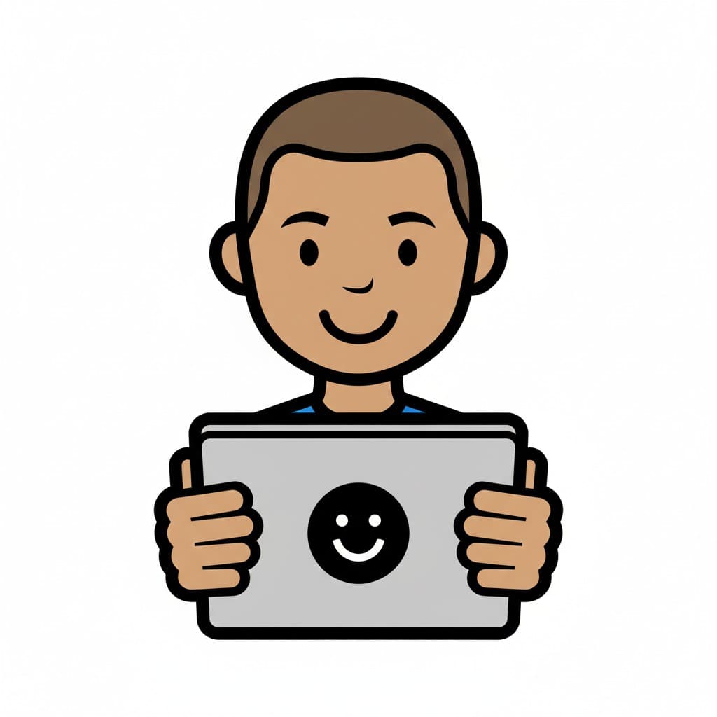 Gripping a tablet with both hands, a boy looks at a smiley face on the screen.