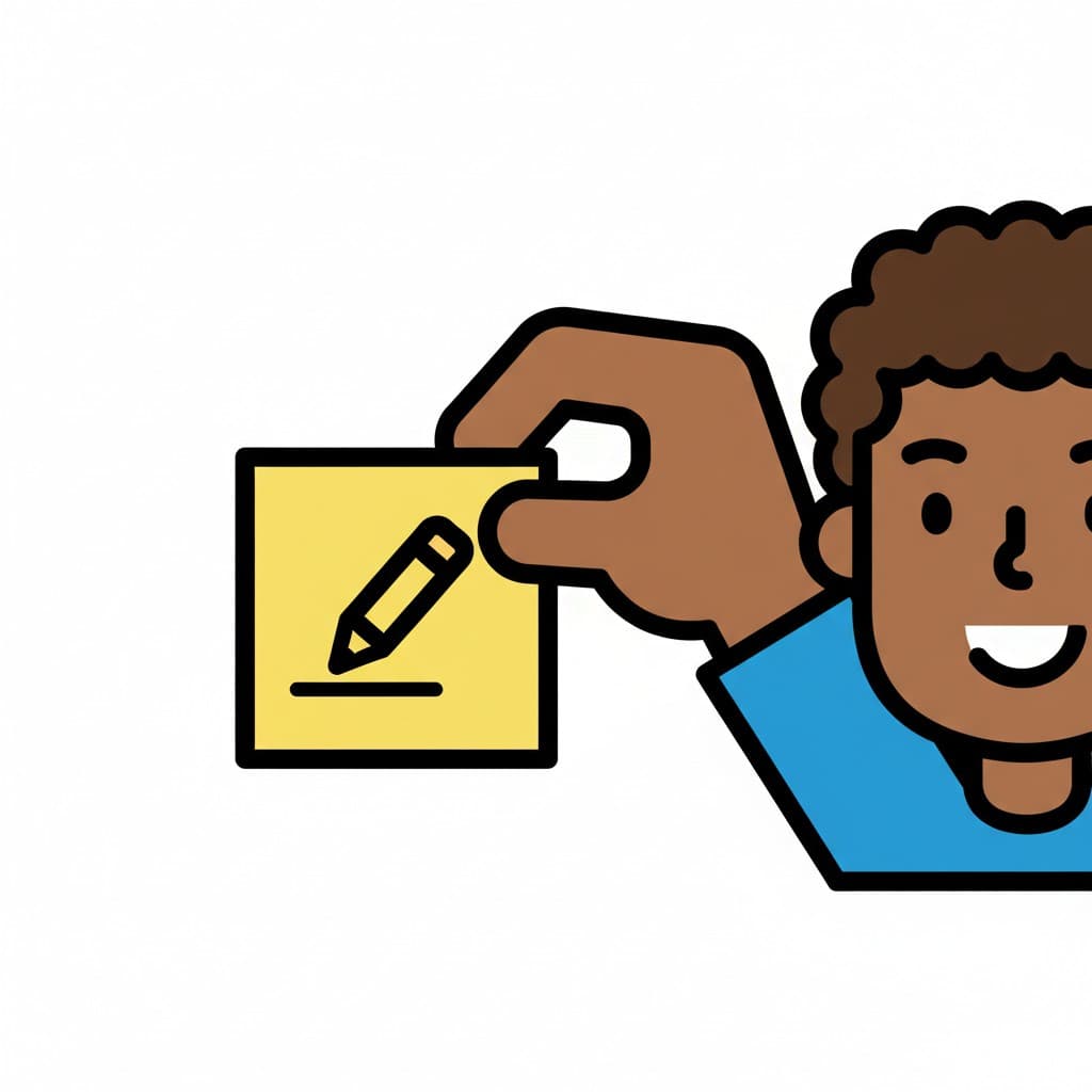 A person is holding up a yellow sticky note with a pen drawn on it.