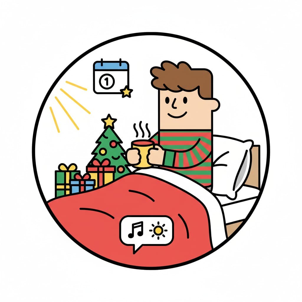 A smiling boy lies in bed with a steaming mug while a calendar shows day one and a Christmas tree stands nearby.