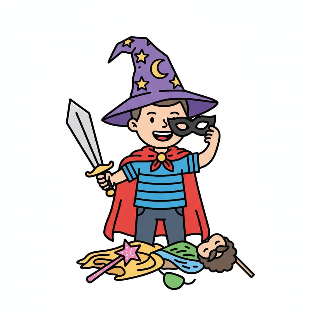 A boy in a wizard hat and red cape holds up a black eye mask and a toy sword, with more costume pieces piled on the floor.