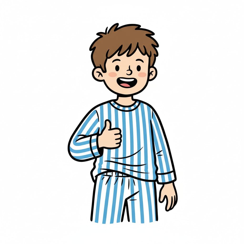 En leende pojke i blå- och vitrandig pyjamas ger tummen upp.