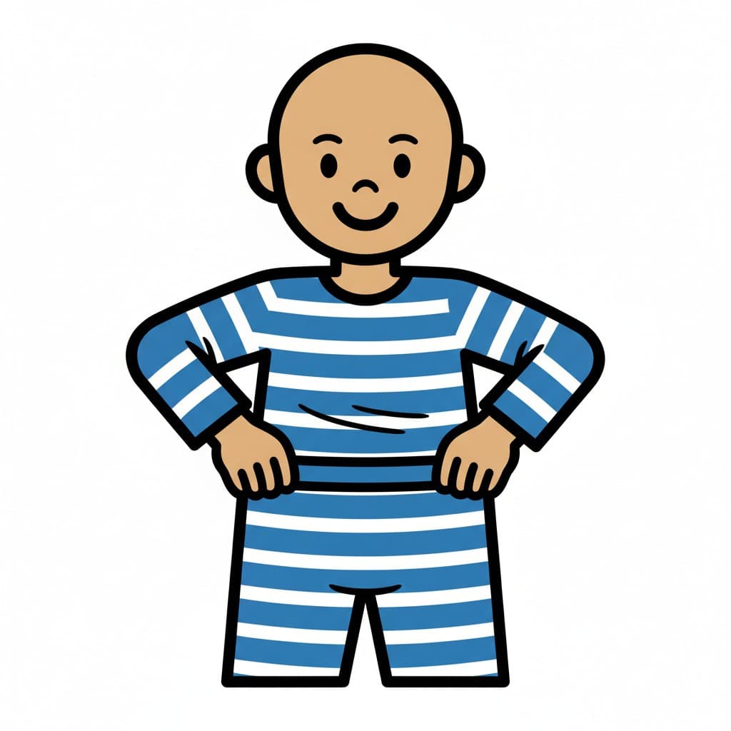 En pojke står iklädd blå och vitrandig pyjamas.