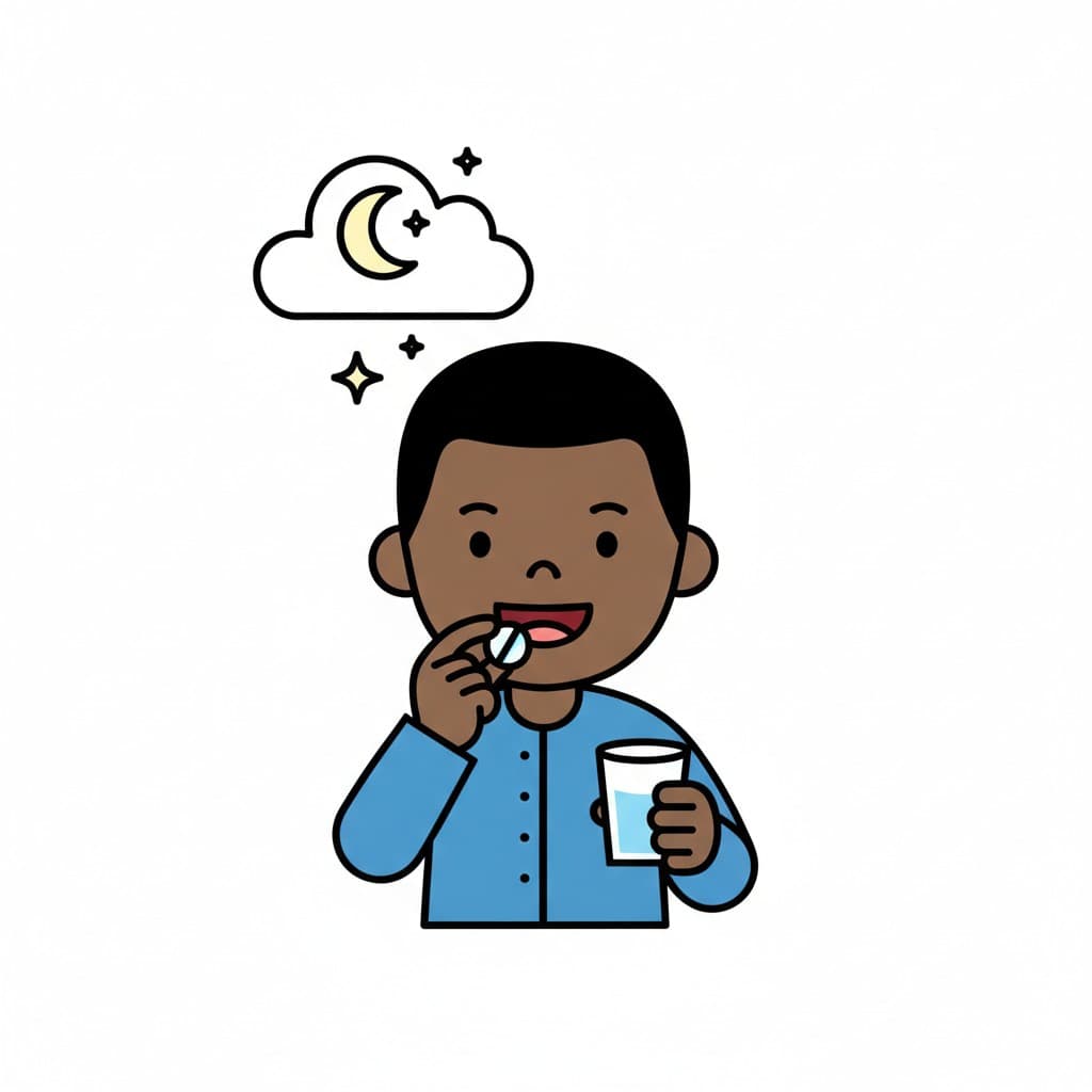 Ein Junge im blauen Schlafanzug führt eine Tablette zum Mund und hält ein Glas Wasser, darüber schwebt ein Mond in einer Wolke.