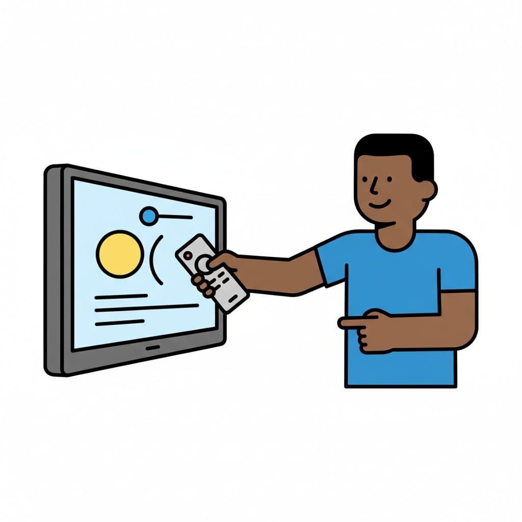 A person stands, pointing at a wall-mounted TV with a remote control in hand.