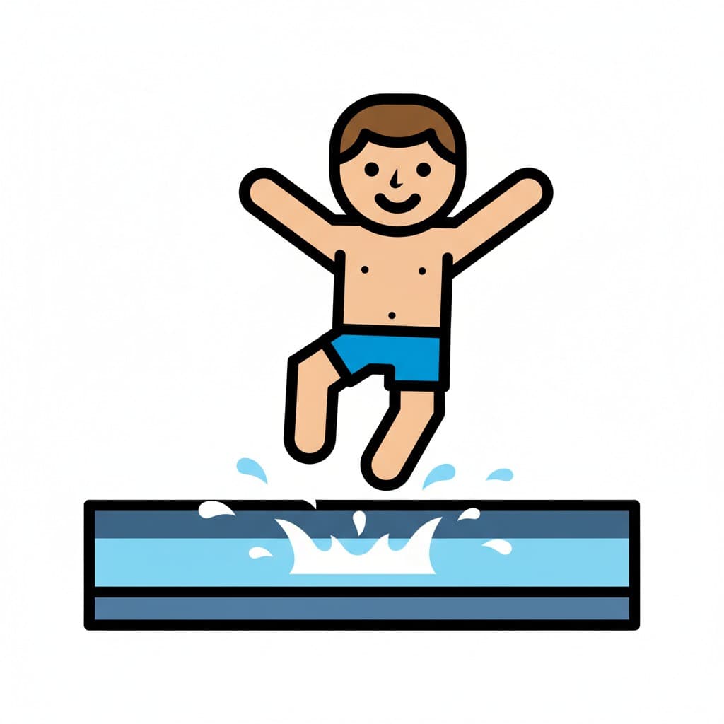 En tecknad pojke i badbyxor hoppar ner i en pool, med vattenstänk.