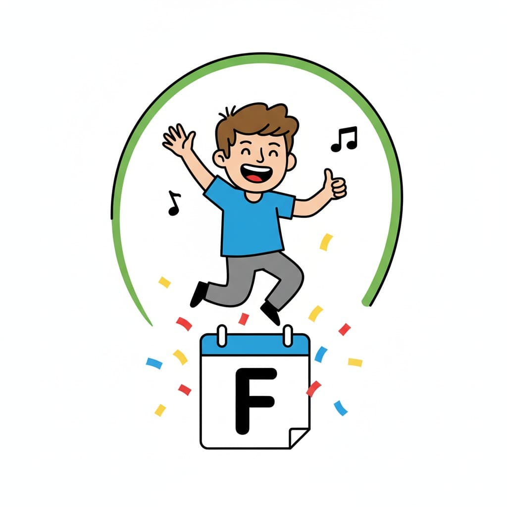 En glad person hoppar över en kalender med bokstaven 'F' på. Konfetti och musiknoter flyger runt, och en grön cirkel ramar in personen och kalendern.