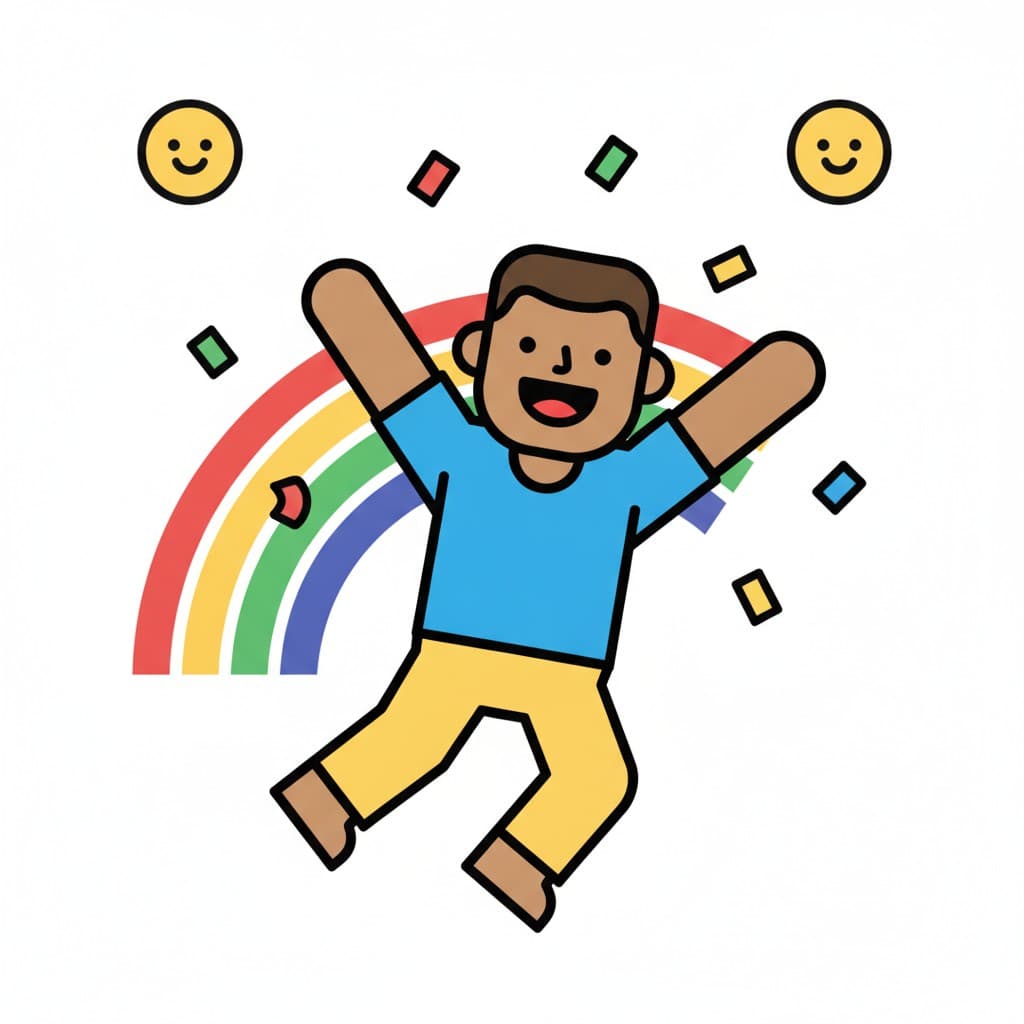 Ein Junge springt vor Freude vor einem Regenbogen, umgeben von Konfetti und lachenden Gesichtern.