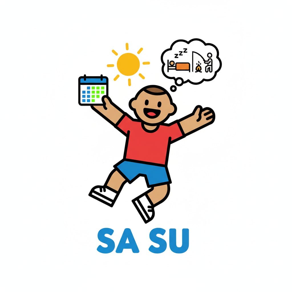 A cheerful boy leaps into the air holding a calendar, with a sun above and a thought bubble showing sleep and a campfire over the letters SA SU.