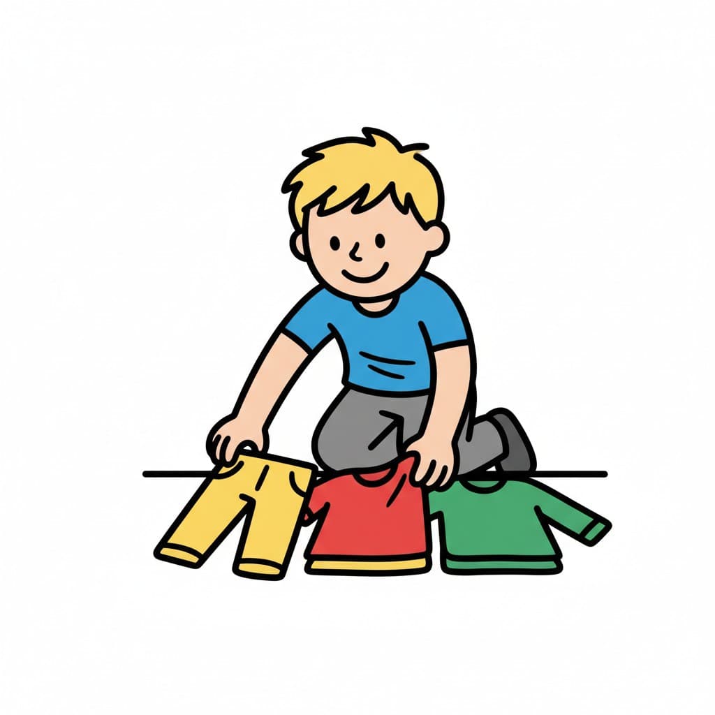 A boy sits on the floor, laying out different clothes.