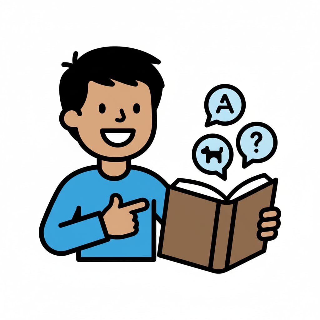 A boy points to a book and reads words.