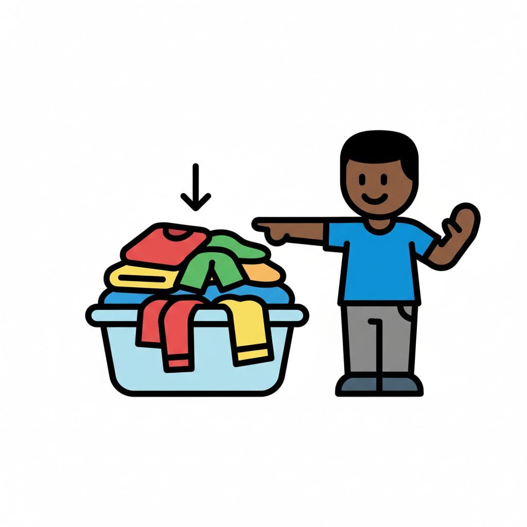 A person puts laundry in a laundry basket.