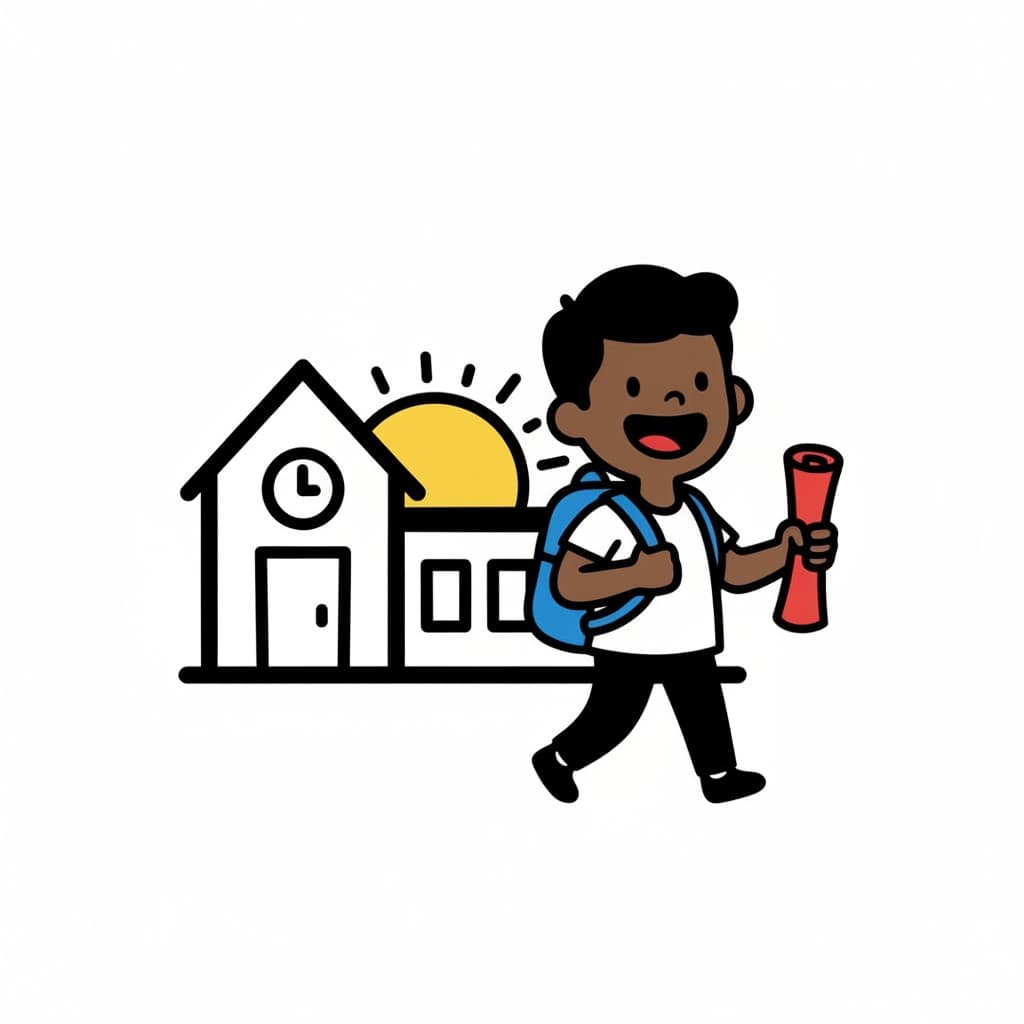 A happy boy with a blue backpack and holding a red scroll, walking away from a school building. The sun is setting behind the school.