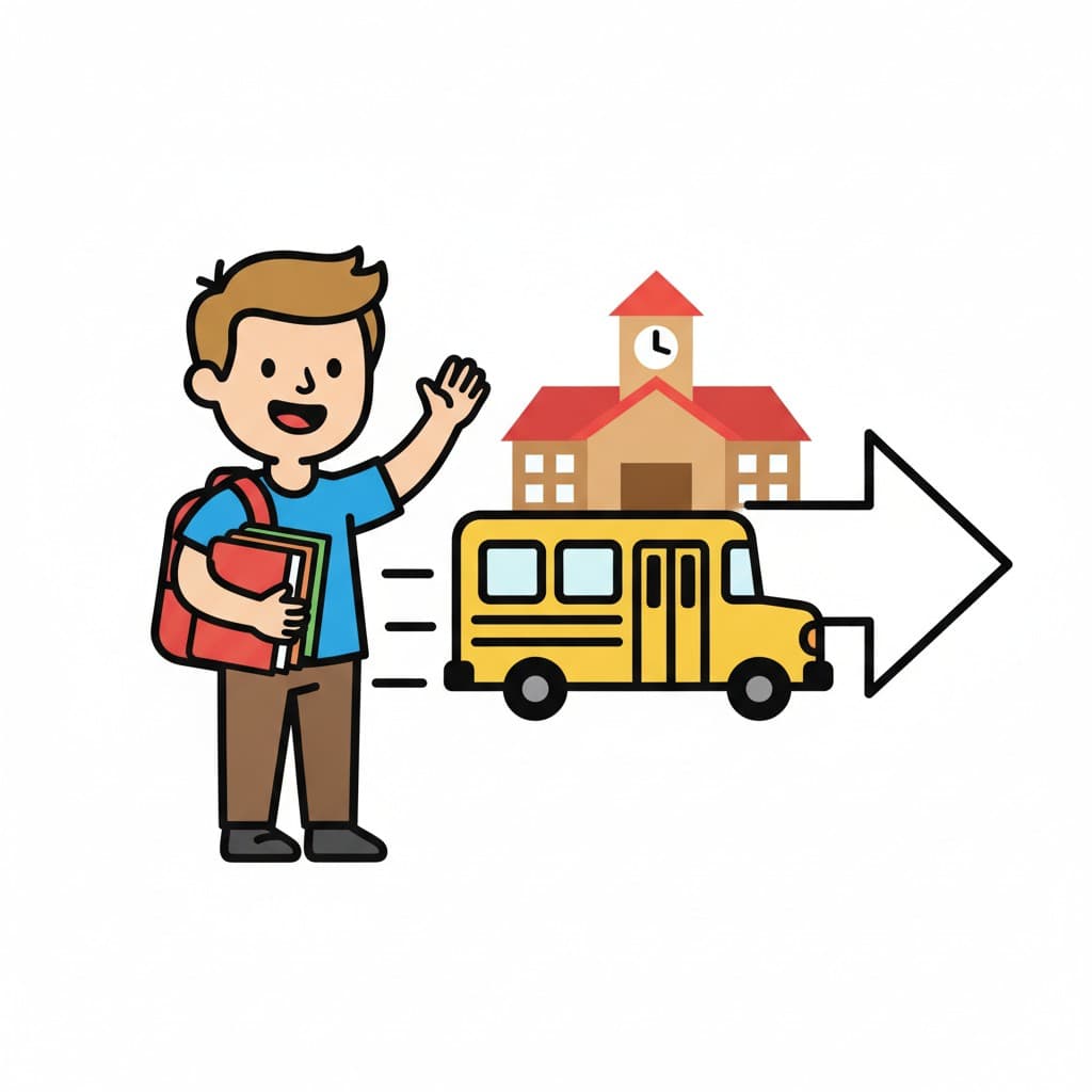 A boy with a backpack and books waves beside a school and a school bus.