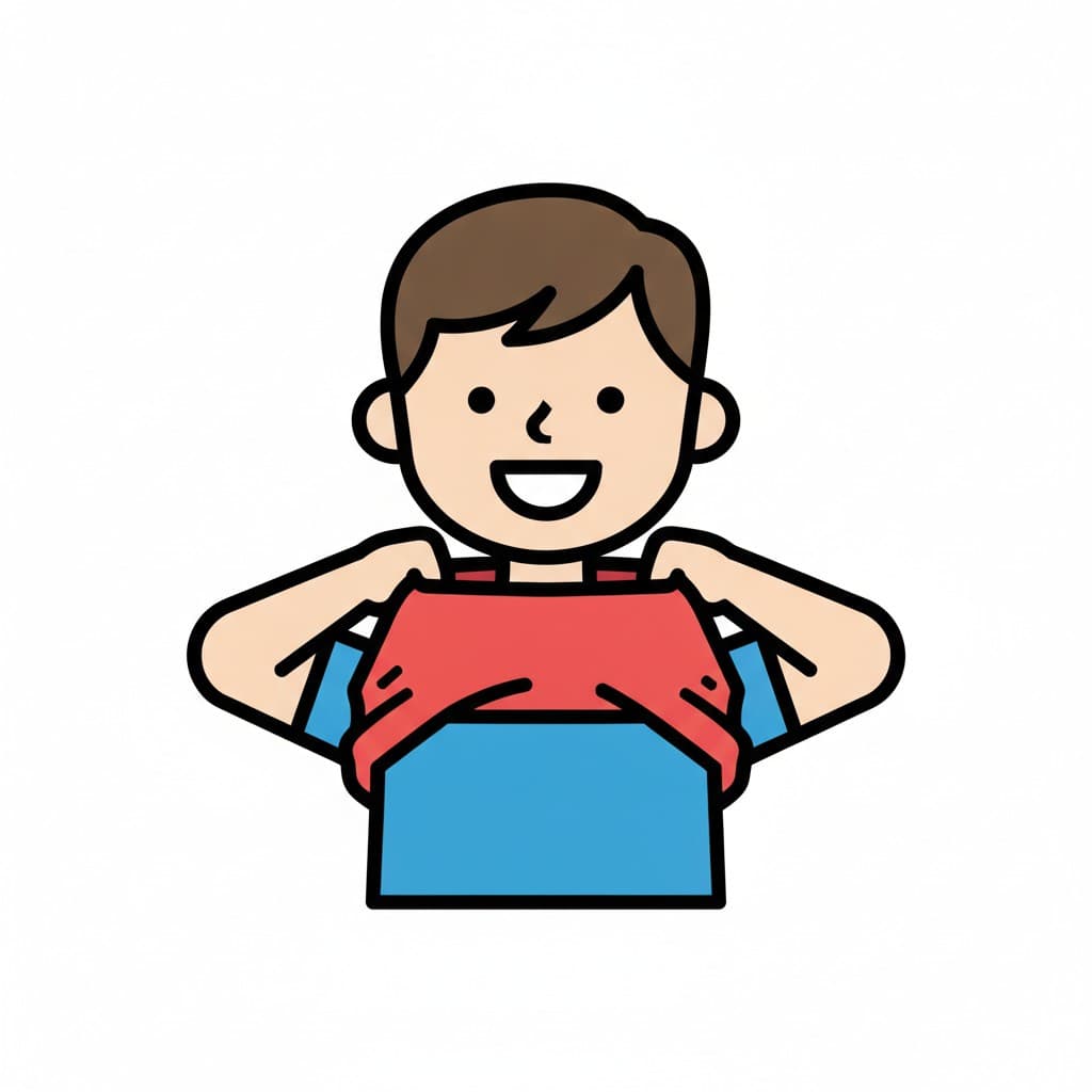 Ein fröhlicher Junge fasst den Saum eines roten Oberteils und zieht es über das blaue Shirt darunter nach oben.