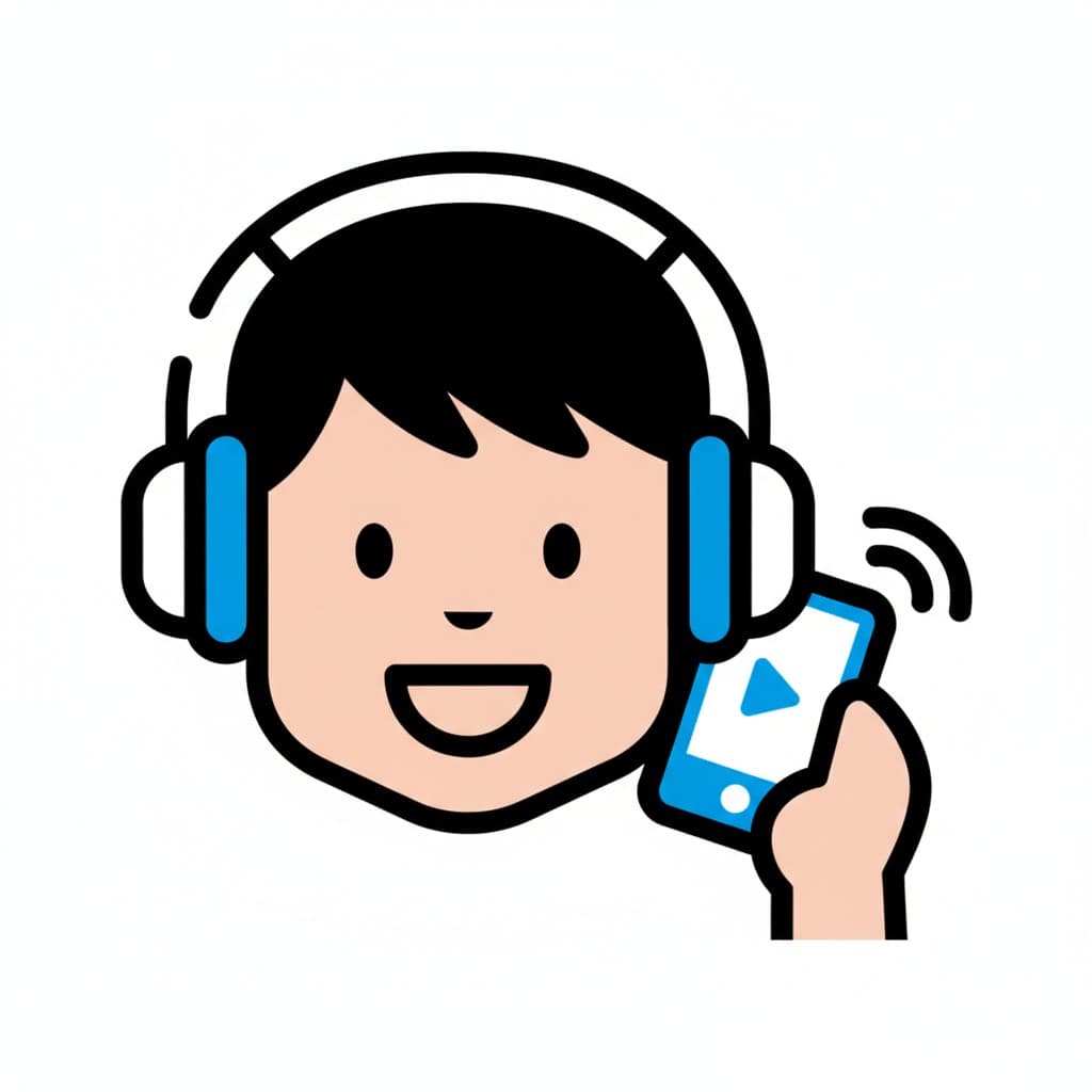En gutt lytter til en podcast med hodetelefoner og en smarttelefon.