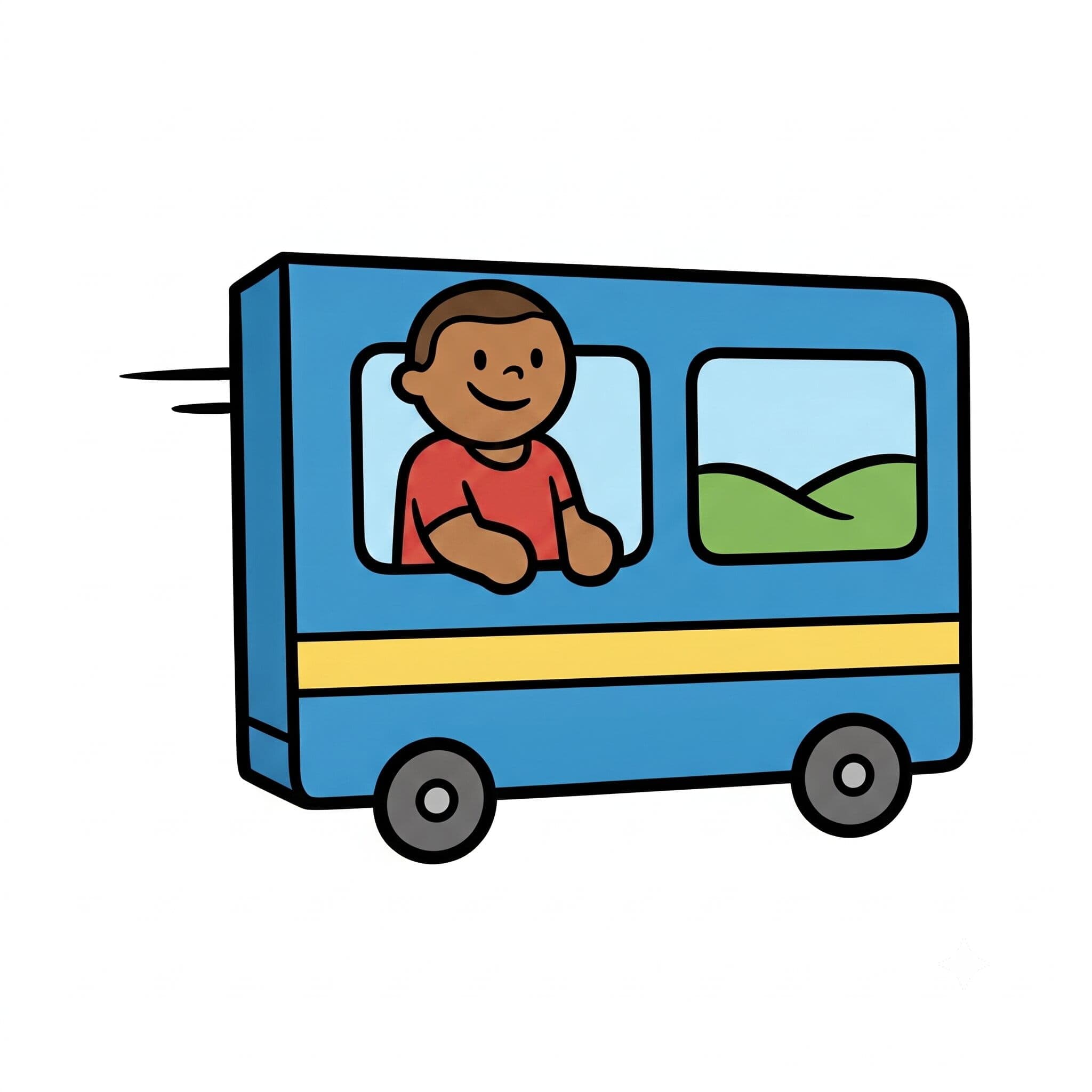 A boy rides a blue train and looks out the window at the scenery.