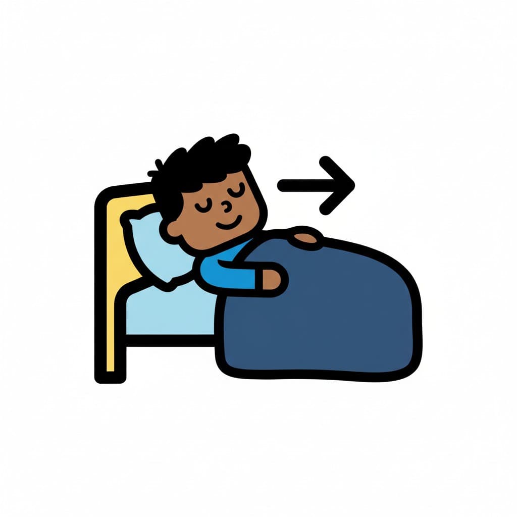 En pojke ligger i sängen med slutna ögon, täckt av en filt, med en pil som pekar åt höger.