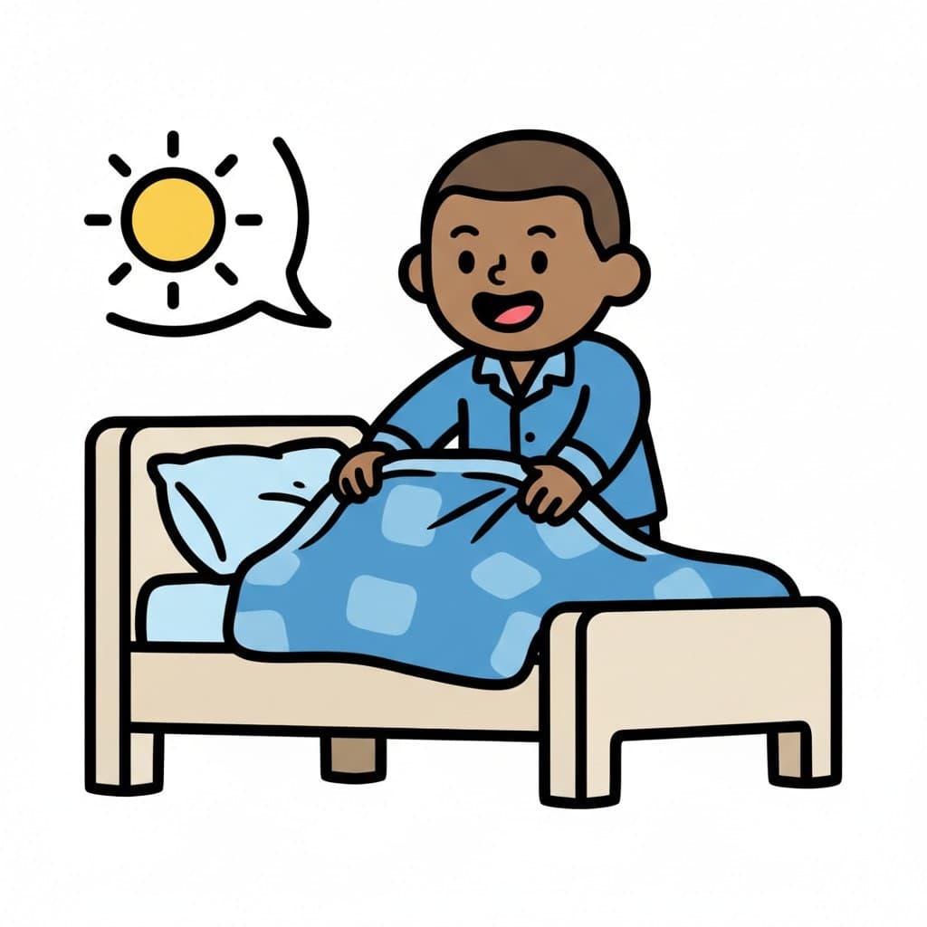 A boy in blue pajamas sitting on his bed, pulling up the blanket. A sun icon is visible.