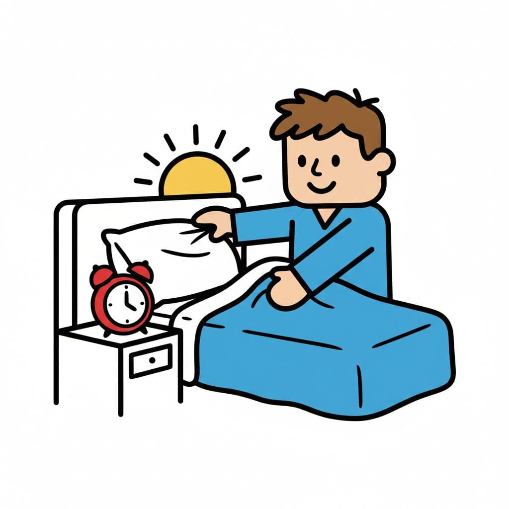 A person is sitting in bed, pulling the covers to make the bed. An alarm clock is on the nightstand and a sun symbolizes morning.